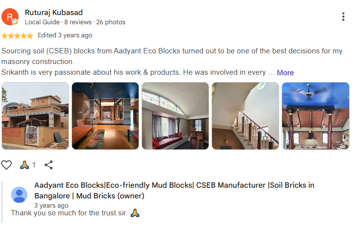 Google review from Ruturaj Kubasad about ISTIKA CSEB and mud blocks