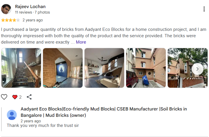 Google review from Rajeev Lochan about ISTIKA eco blocks and brick quality