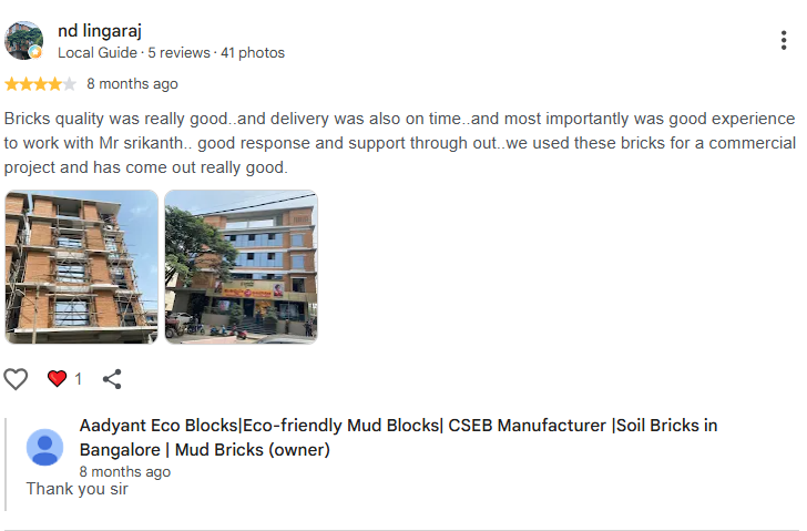 Google review from nd lingaraj about ISTIKA mud brick quality and delivery