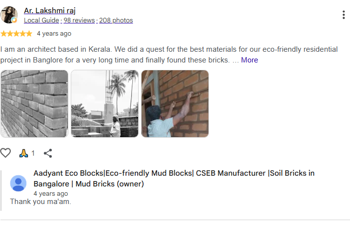Google review from Ar Lakshmi Raj about eco-friendly mud brick construction